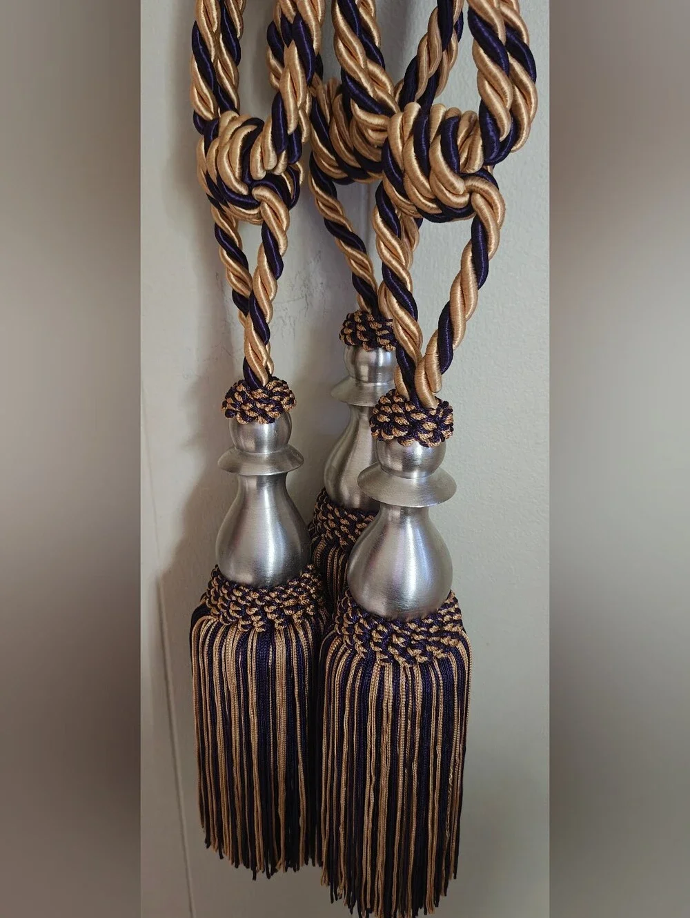 Elegant Decorative Gold and Purple Curtain TieBacks With Tassels Set Of 3.